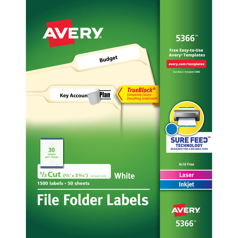 Avery TrueBlock File Folder Labels With Sure Feed Technology, 5366, Rectangle, 2/3in x 3-7/16in, White, Pack Of 1,500 (Min Order Qty 2) MPN:5366