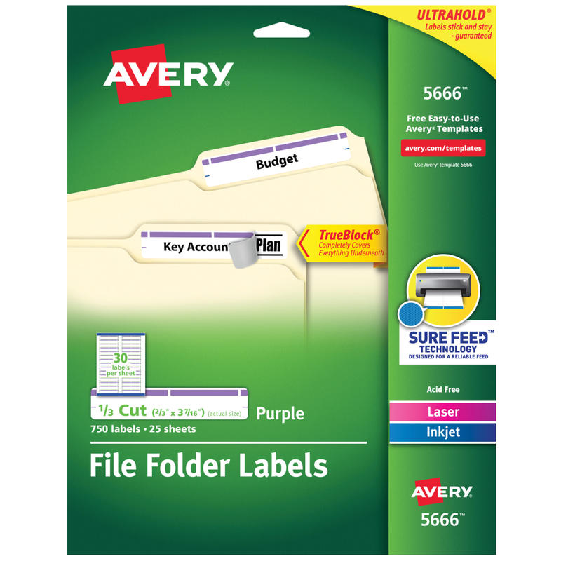 Avery TrueBlock File Folder Labels With Sure Feed Technology, 5666, Rectangle, 2/3in x 3-7/16in, White/Purple, Pack Of 750 (Min Order Qty 3) MPN:5666