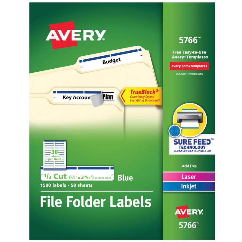 Avery TrueBlock File Folder Labels With Sure Feed Technology, 5766, Rectangle, 2/3in x 3-7/16in, White/Blue, Pack Of 1,500 (Min Order Qty 2) MPN:5766