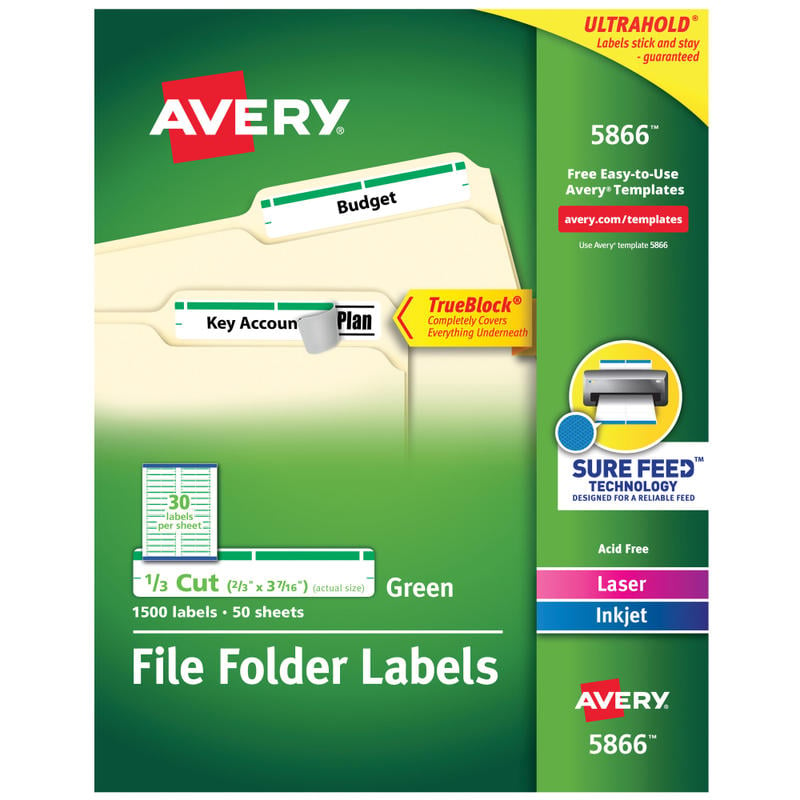 Avery TrueBlock Permanent Inkjet/Laser File Folder Labels, 5866, 2/3in x 3 7/16in, Green, Box Of 1,500 (Min Order Qty 2) MPN:5866