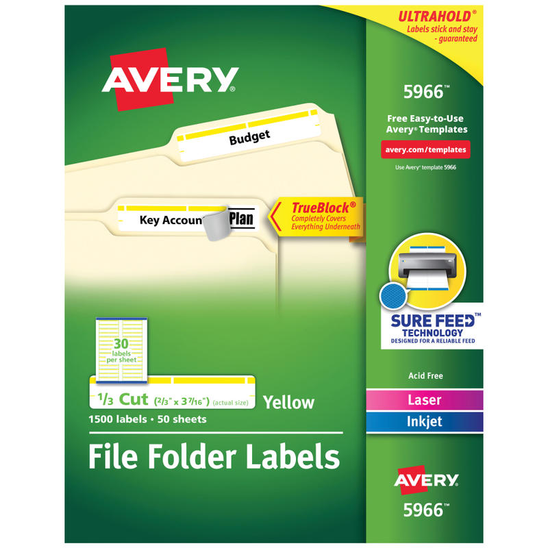 Avery TrueBlock File Folder Labels With Sure Feed Technology, 5966, Rectangle, 2/3in x 3-7/16in, White/Yellow, Pack Of 1,500 (Min Order Qty 2) MPN:5966