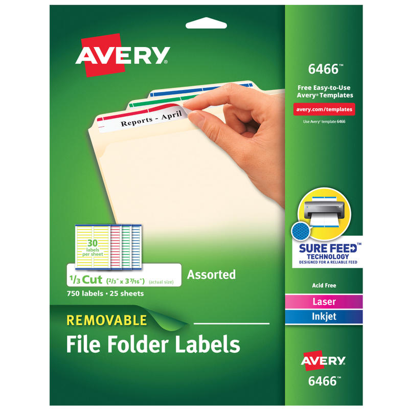 Avery Removable File Folder Labels, Laser, 6466, 2/3in x 3 7/16in, Assorted Colors, Box Of 750 (Min Order Qty 3) MPN:6466