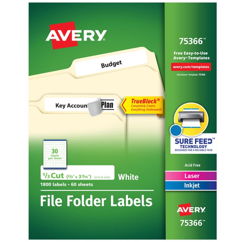 Avery TrueBlock File Folder Labels With Sure Feed Technology, 75366, Rectangle, 2/3in x 3-7/16in, White, Pack Of 1,800 (Min Order Qty 2) MPN:75366