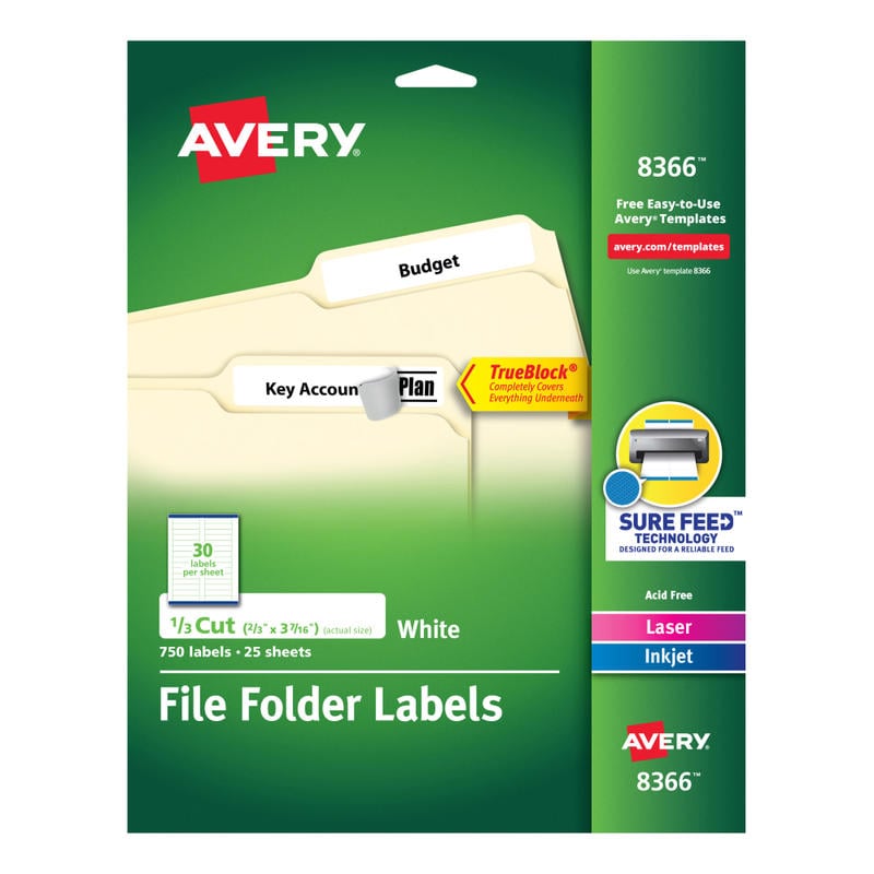 Avery TrueBlock Permanent File Folder Labels, 8366, 2/3in x 3 7/16in, White, Pack Of 750 (Min Order Qty 3) MPN:8366