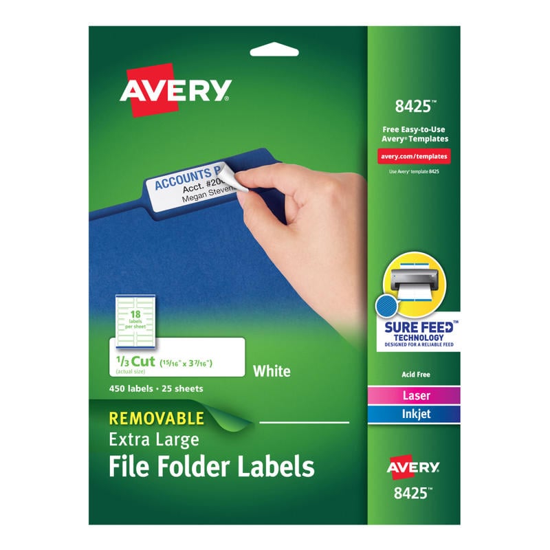 Avery Removable Extra-Large File Folder Labels, Sure Feed Technology, Removable Adhesive, White, 15/16in x 3-7/16in, 450 Labels (8425) (Min Order Qty 2) MPN:8425