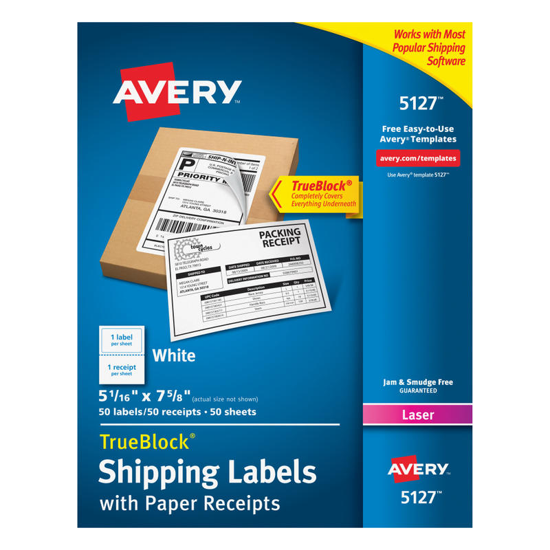 Avery TrueBlock White Laser Shipping Labels, With Paper Receipt, 5127, 5 1/16in x 7 5/8in, Pack Of 50 (Min Order Qty 3) MPN:5127