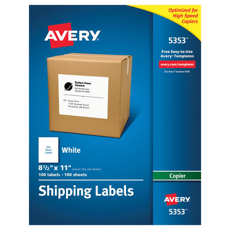 Avery Shipping Labels For Copiers, 5353, 8-1/2in x 11in, White, Pack Of 100 (Min Order Qty 2) MPN:5353