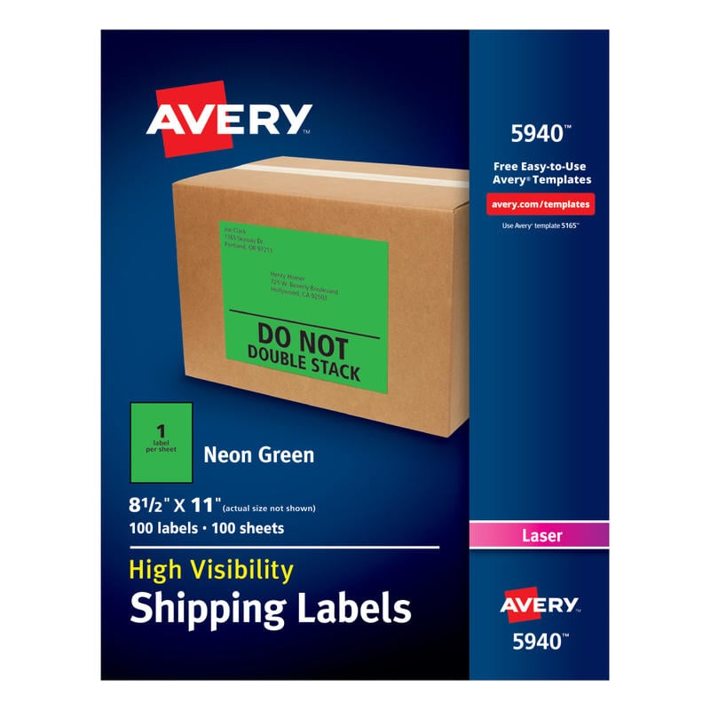 Avery High-Visibility Permanent Shipping Labels, 5940, 8 1/2in x 11in, Neon Green, Pack Of 100 MPN:5940