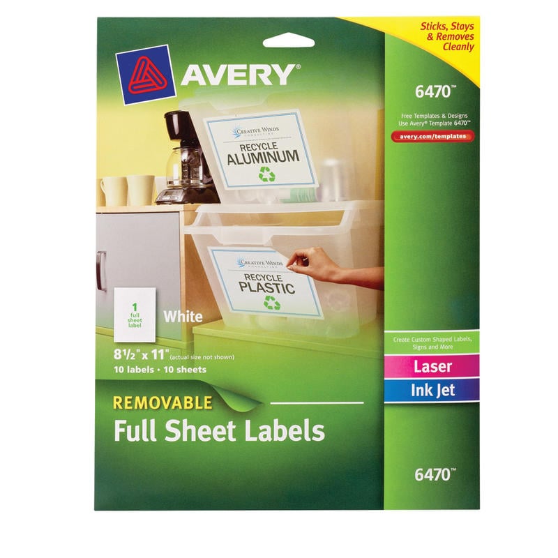 Avery Removable Full-Sheet Labels, 6470, 8 1/2in x 11in, White, Pack Of 10 (Min Order Qty 8) MPN:6470