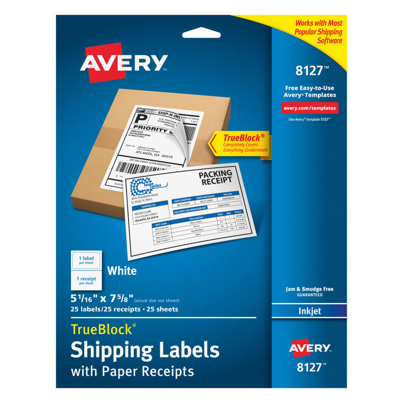 Avery TrueBlock Permanent Inkjet Shipping Labels, With Paper Receipts, 8127, 5 1/16in x 7 5/8in, White, Pack Of 25 (Min Order Qty 5) MPN:8127