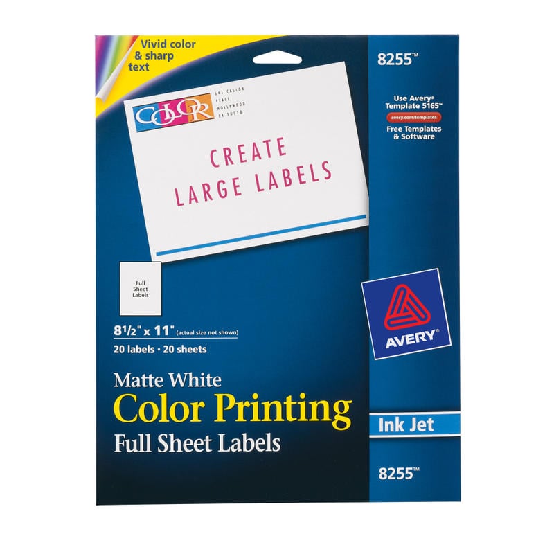 Avery Shipping Labels, 8255, Rectangle, 8-1/2in x 11in, White, Pack Of 20 Labels (Min Order Qty 3) MPN:8255