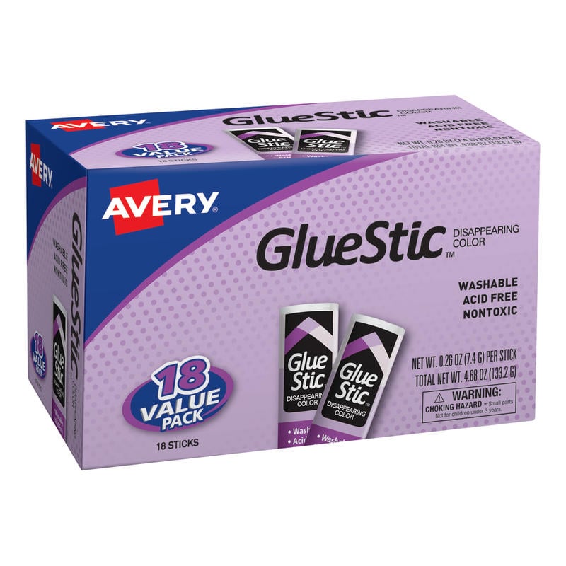 Avery Disappearing Color Permanent Glue Stics, 0.26 Oz., Purple, Pack Of 18 (Min Order Qty 6) MPN:98079