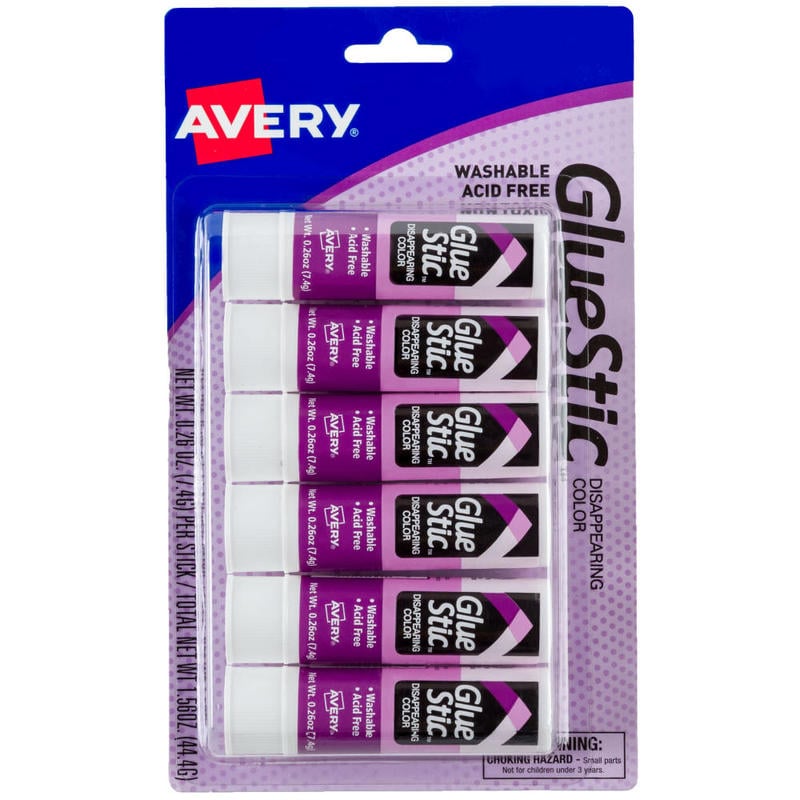 Avery Glue Stic Disappearing Color Permanent Glue Sticks, Pack Of 6 (Min Order Qty 16) MPN:98096