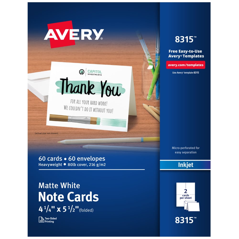 Avery Printable Note Cards With Envelopes, 4.25in x 5.5in, Matte White, 60 Blank Note Cards For Inkjet Printers (Min Order Qty 6) MPN:8315