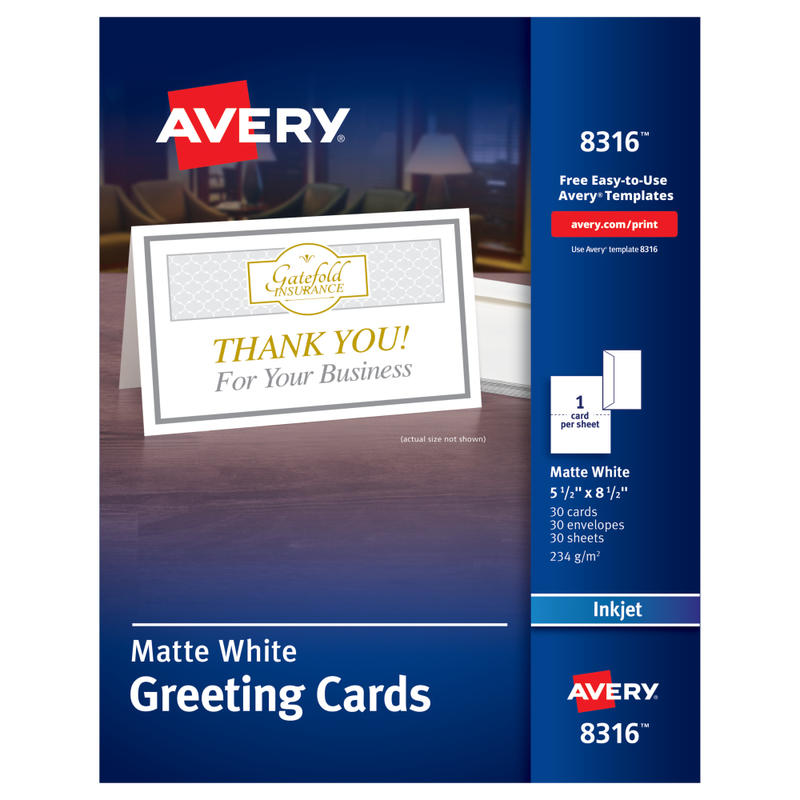 Avery Printable Greeting Cards With Envelopes, Half-Fold, 5.5in x 8.5in, Matte White, 30 Blank Greeting Cards (Min Order Qty 3) MPN:8316