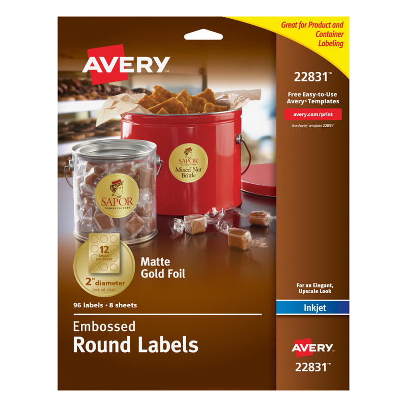 Avery Printable Embossed Foil Labels, 22831, Round, 2in Diameter, Gold, Pack Of 96 Customizable Labels (Min Order Qty 5) MPN:22831