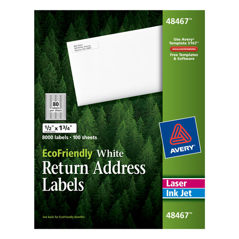 Avery Easy Peel EcoFriendly Permanent Inkjet/Laser Return Address Labels, 48467, 1/2in x 1 3/4in, 100% Recycled, White, Pack Of 8,000 (Min Order Qty 2) MPN:48467