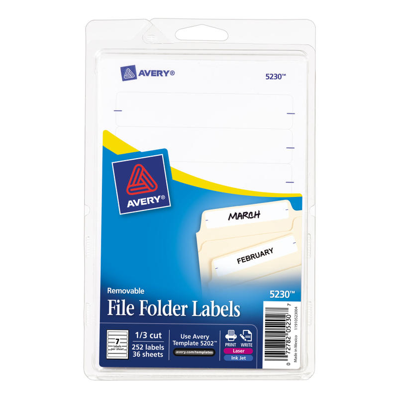 Avery Removable File Folder Labels On 4in x 6in Sheets, 5235, Rectangle, 2/3in x 3-7/16in, White, Pack Of 252 (Min Order Qty 10) MPN:5230