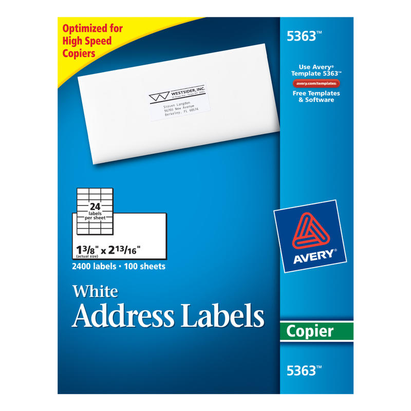 Avery Mailing Labels for Copiers - Permanent Adhesive - 1 3/8in Width x 2 13/16in Length - Rectangle - White - 2400 / Box (Min Order Qty 2) MPN:5363