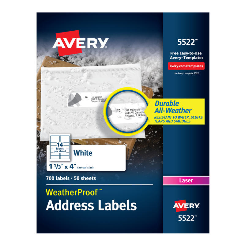 Avery WeatherProof Mailing Labels with TrueBlock Technology, AVE5522, Permanent Adhesive, 1 21/64inW x 4inL, Rectangle, Laser, White, Polyester, 14 Per Sheet, Pack Of 700 (Min Order Qty 2) MPN:5522