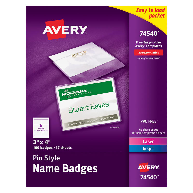 Avery Customizable Name Badges With Pins, 74540, 3in x 4in, Clear Name Tag Holders With White Printable Inserts, Pack of 100 (Min Order Qty 4) MPN:74540