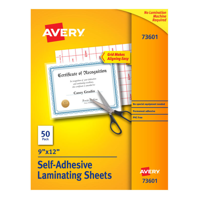 Avery Permanent Self-Adhesive Laminating Sheets, 9in x 12in, Clear, Pack Of 50 (Min Order Qty 4) MPN:73601