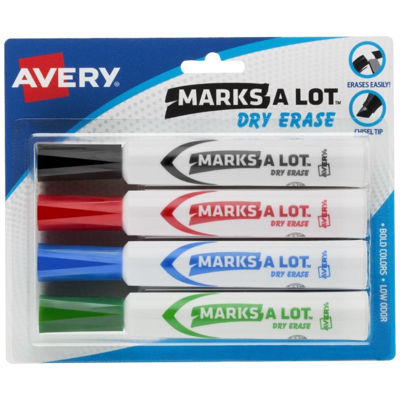 Avery Marks A Lot Dry Erase Markers, Chisel Tip, Desk-Style, Assorted Colors, Pack Of 4 Markers (Min Order Qty 12) MPN:24409