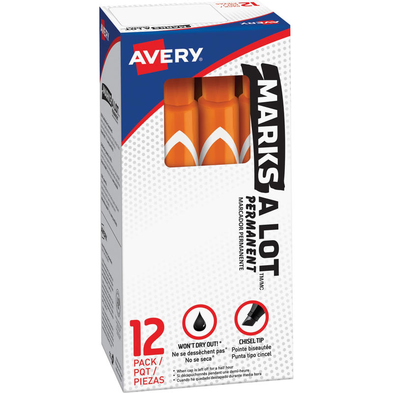 Avery Large Desk-Style Permanent Markers, Chisel Point, 4.76 mm, Orange, Pack Of 12 (Min Order Qty 8) MPN:08883