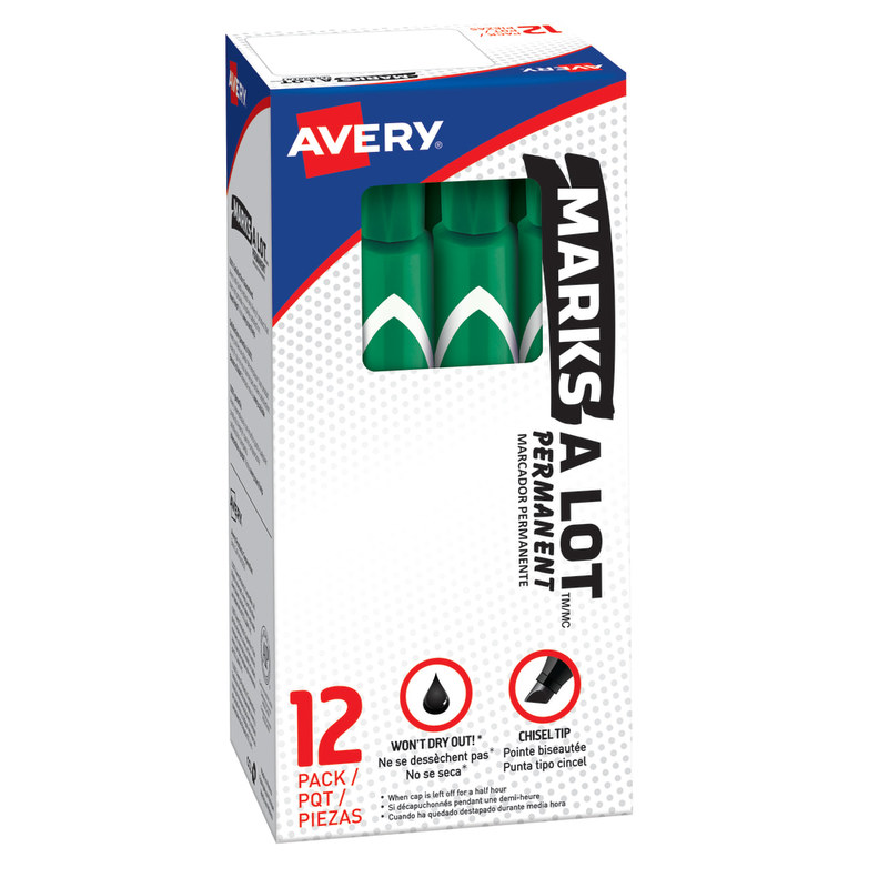 Avery Marks A Lot Permanent Markers, Chisel Tip, Large Desk-Style Size, Green, Pack Of 12 (Min Order Qty 7) MPN:8885