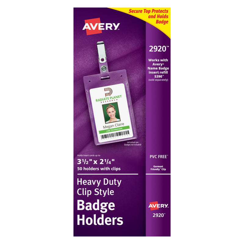 Avery Secure Top Badge Holders, For 3-1/2in x 2-1/4in Badge, Portrait With Clip, Clear, Box Of 50 MPN:2920