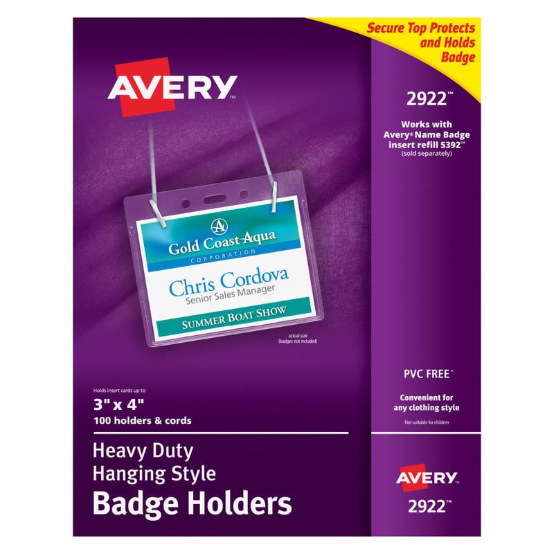 Avery Secure Top Badge Holders, For 3in x 4in Badge, Landscape With Lanyard, Clear, Box Of 100 (Min Order Qty 3) MPN:2922