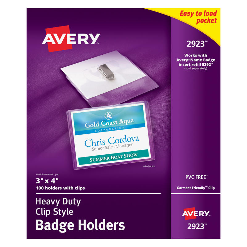 Avery Heavy Duty Horizontal ID Badge Holders With Clips, 3in x 4in, Clear, Box Of 100 (Min Order Qty 2) MPN:2923