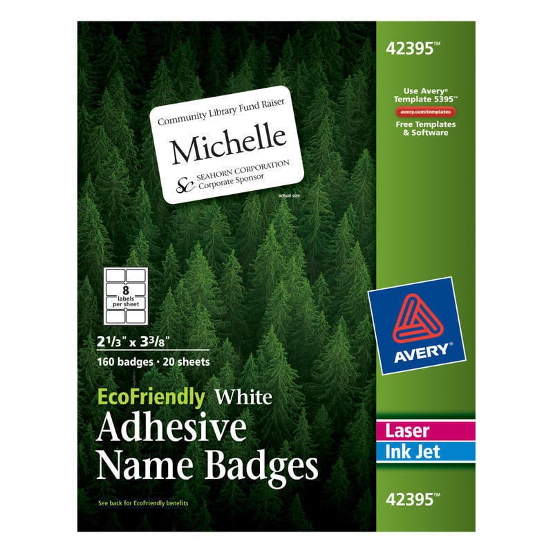 Avery EcoFriendly 100% Recycled Name Badges, 2 1/3in x 3 3/8in, White, Pack Of 160 (Min Order Qty 3) MPN:42395