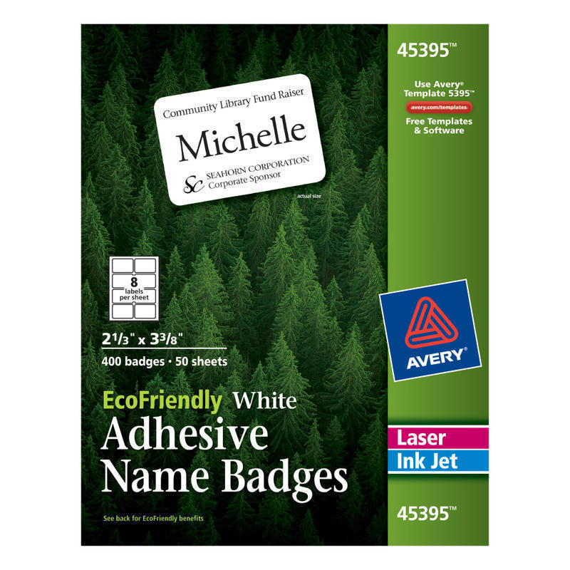 Avery EcoFriendly 100% Recycled Name Badges, 2 1/3in x 3 3/8in, White, Pack Of 400 (Min Order Qty 2) MPN:45395