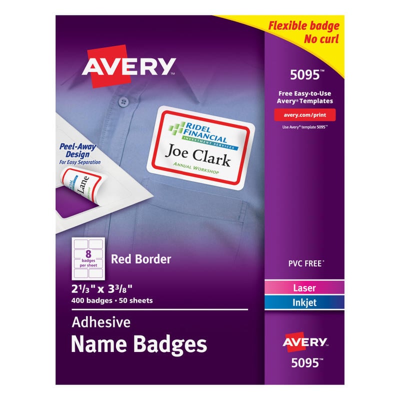 Avery Flexible Name Badge Labels, 2 1/3in x 3 3/8in, White With Red Border, Box Of 400 (Min Order Qty 2) MPN:5095