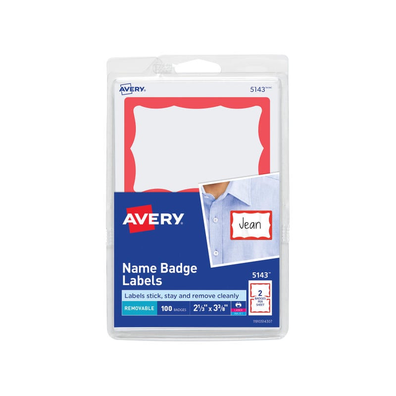 Avery Name Tags, 05143, 2-1/3in x 3-3/8in, White With Red Border, 100 Removable Name Badges (Min Order Qty 13) MPN:5143