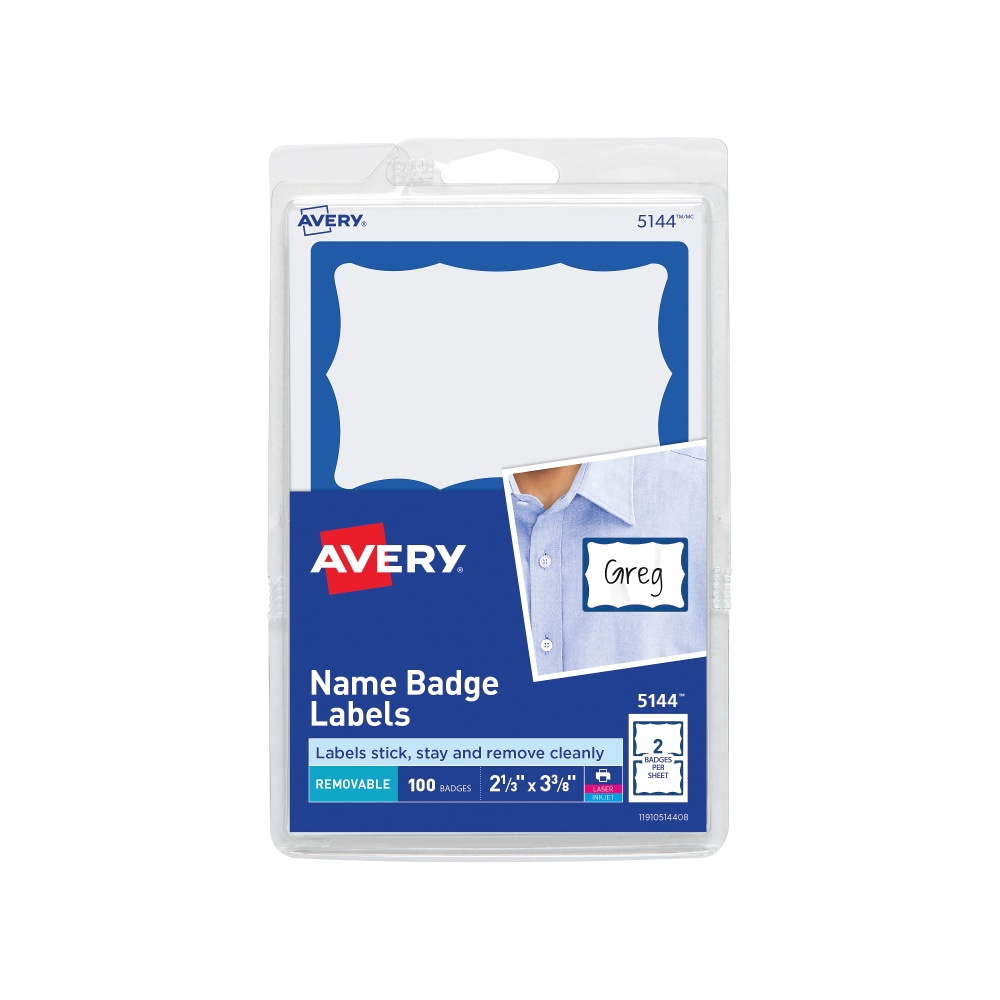 Avery Name Tags, 05144, 2-1/3in x 3-3/8in, White With Blue Border, 100 Removable Name Badges (Min Order Qty 32) MPN:5144