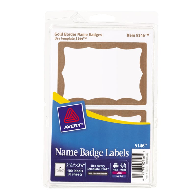 Avery Name Tags, 05146, 2-1/3in x 3-3/8in, White With Gold Border, 100 Removable Name Badges (Min Order Qty 13) MPN:5146