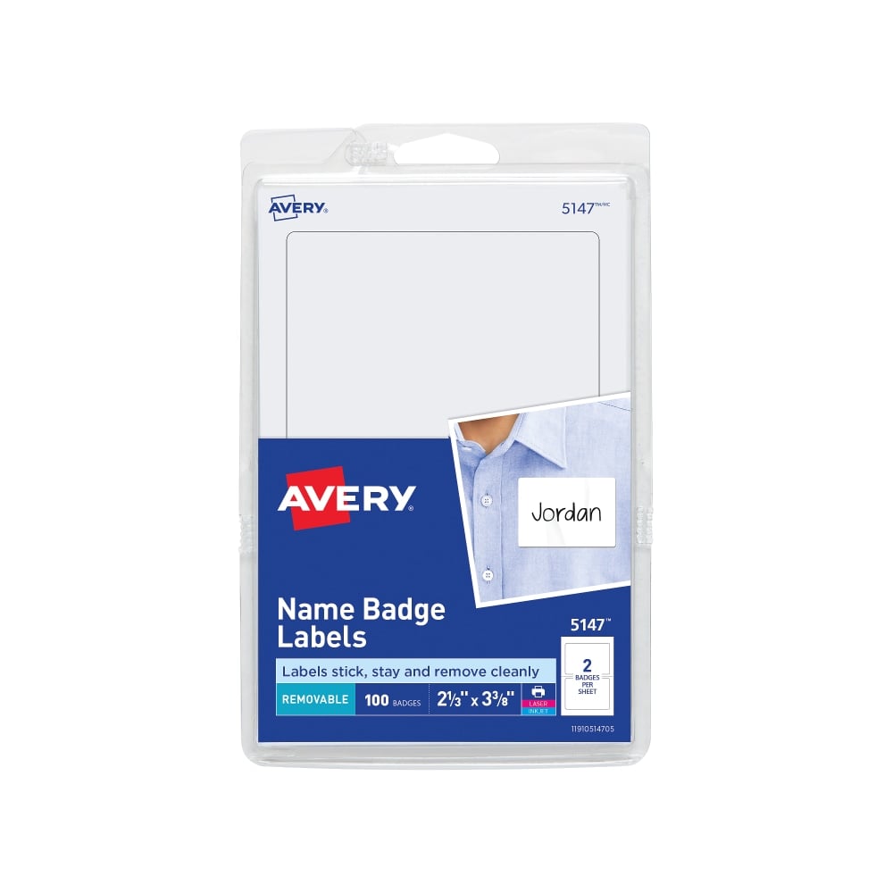 Avery Name Tags, 05147, 2-1/3in x 3-3/8in, White, 100 Removable Name Badges (Min Order Qty 32) MPN:5147