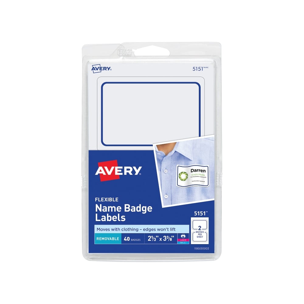 Avery Flexible Name Badge Labels, 2 1/3in x 3 3/8in, White With Blue Border, Pack Of 40 (Min Order Qty 13) MPN:5151