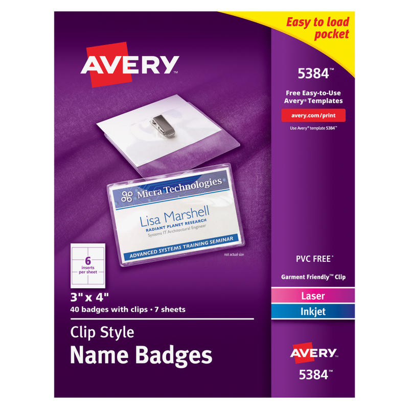 Avery Customizable Name Badges With Clips, Rectangle, 5384, 3in x 4in, Clear Name Tag Holders With White Printable Inserts, Box Of 40 (Min Order Qty 3) MPN:5384