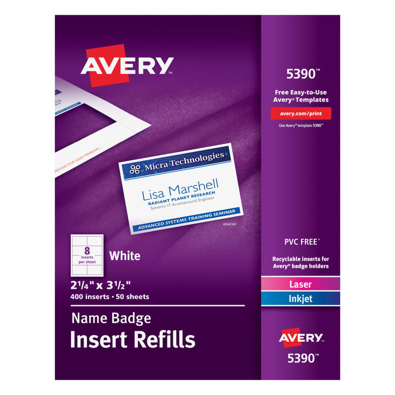 Avery Laser Name Badge Inserts, 2 1/4in x 3 1/2in, 5390, Box Of 400 (Min Order Qty 5) MPN:5390