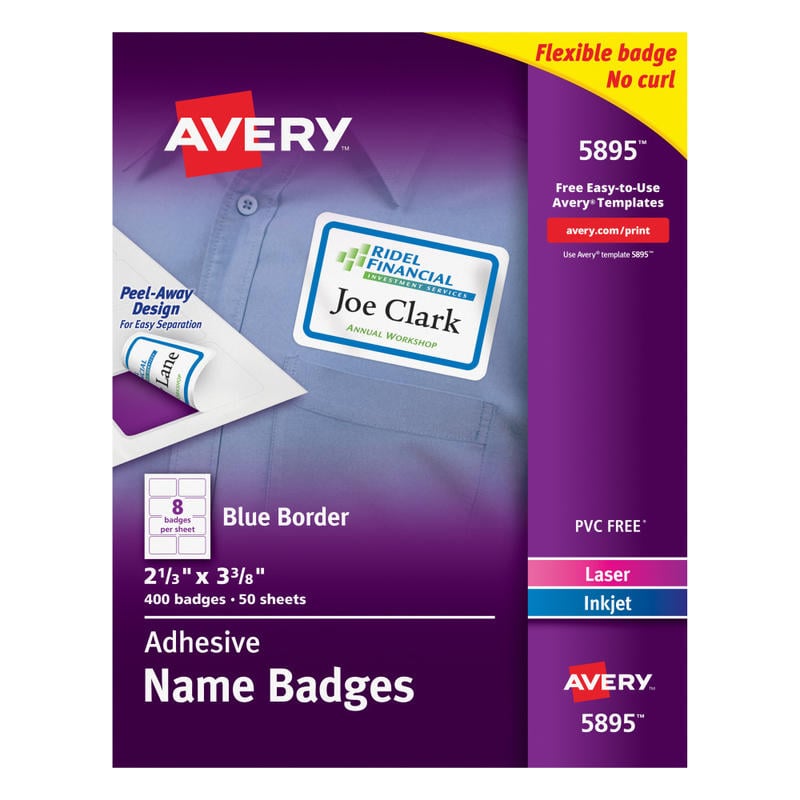 Avery Flexible Name Badge Labels, 5895, 2 1/3in x 3 3/8in, White With Blue Border, Box Of 400 (Min Order Qty 2) MPN:5895