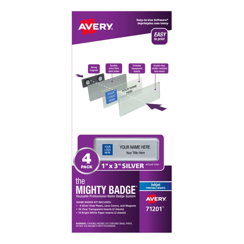 Avery The Mighty Badge Magnetic Badges For Inkjet Printers, 1in x 3in, Silver, Pack Of 4 Badges (Min Order Qty 2) MPN:71201