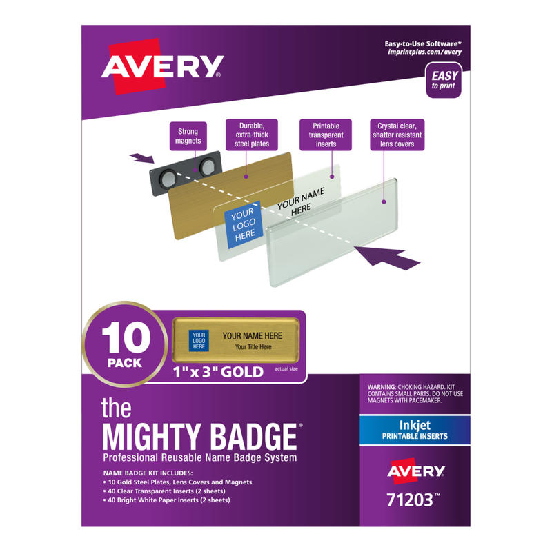 Avery The Mighty Badge Magnetic Badges For Inkjet Printers, 1in x 3in, Gold, Pack Of 10 Badges MPN:71203