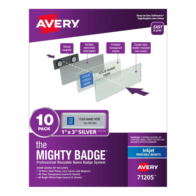 Avery The Mighty Badge Magnetic Badges For Inkjet Printers, 1in x 3in, Silver, Pack Of 10 Badges MPN:71205