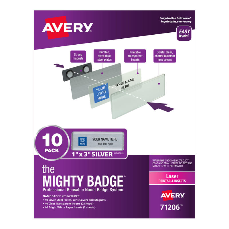 Avery The Mighty Badge Magnetic Badges For Laser Printers, 1in x 3in, Silver, Pack Of 10 Badges MPN:71206