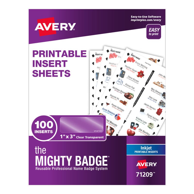 Avery The Mighty Badge Inserts For Inkjet Printers, 1in x 3in, Clear, Pack Of 100 Inserts MPN:71209