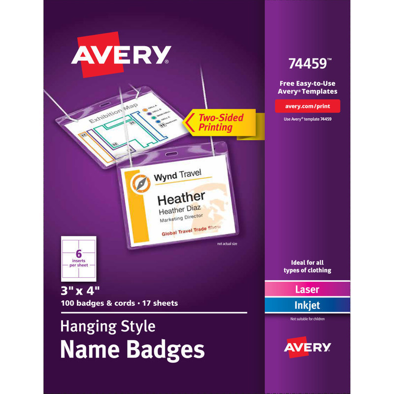 Avery Customizable Hanging Name Badges, Rectangle, 74459, 3in x 4in, Clear Holders With White Inserts, Box Of 100 (Min Order Qty 2) MPN:74459