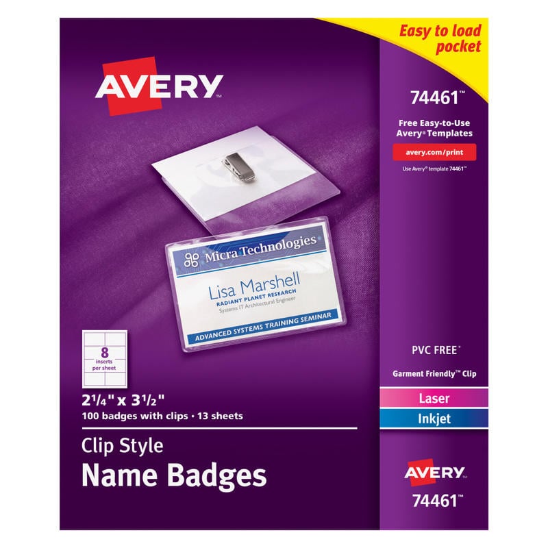 Avery Customizable Name Badges With Clips, Rectangle, 74461, 2-1/4in x 3-1/2in, Clear Holders With White Inserts, 100 Badges (Min Order Qty 2) MPN:74461